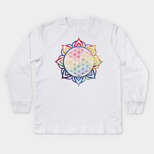 Rainbow Lotus Flower of Life Mandala Kids Long Sleeve T-Shirt